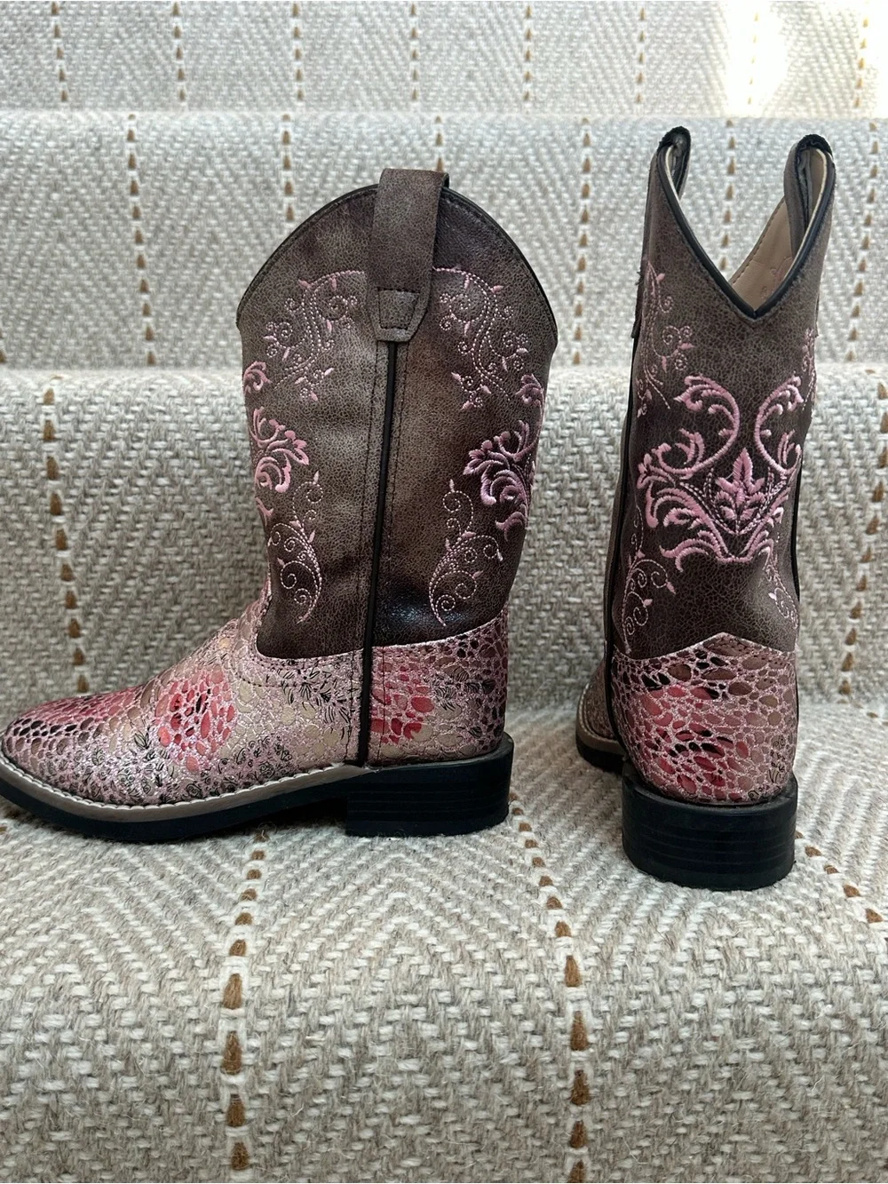 Old West Girls Western Cowboy Boots - Size 13 - Pink & Brown Embroidered